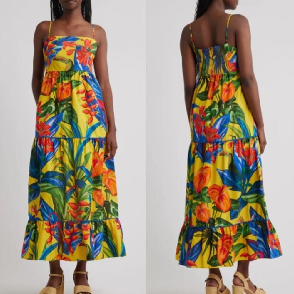 FARM RIO Bright Nature Maxi Sundress Floral Tropical Boho Dress Womens Size XS